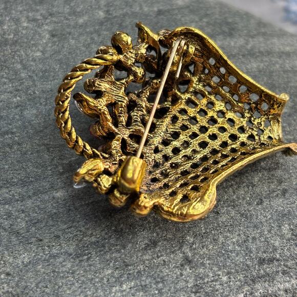 Flower Basket Brooch Pin Colorful Rhinestones Gold NEW Cottagecore Spring Summer - Picture 6 of 7